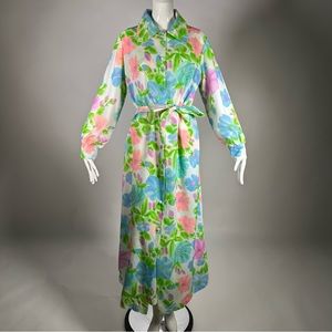 70’s Henson Kickernick Set of 2 Dress & Robe Maxi Floral Tie Waist Green M-L